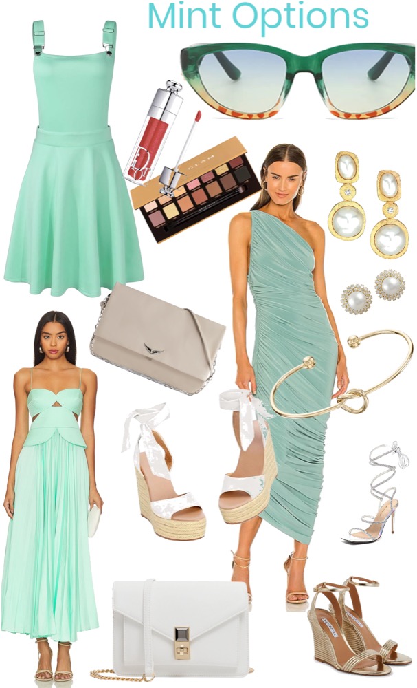 Women's clothing inspiration for engagement photoshoot featuring mint green dresses, shoes, accessories, and jewelry.