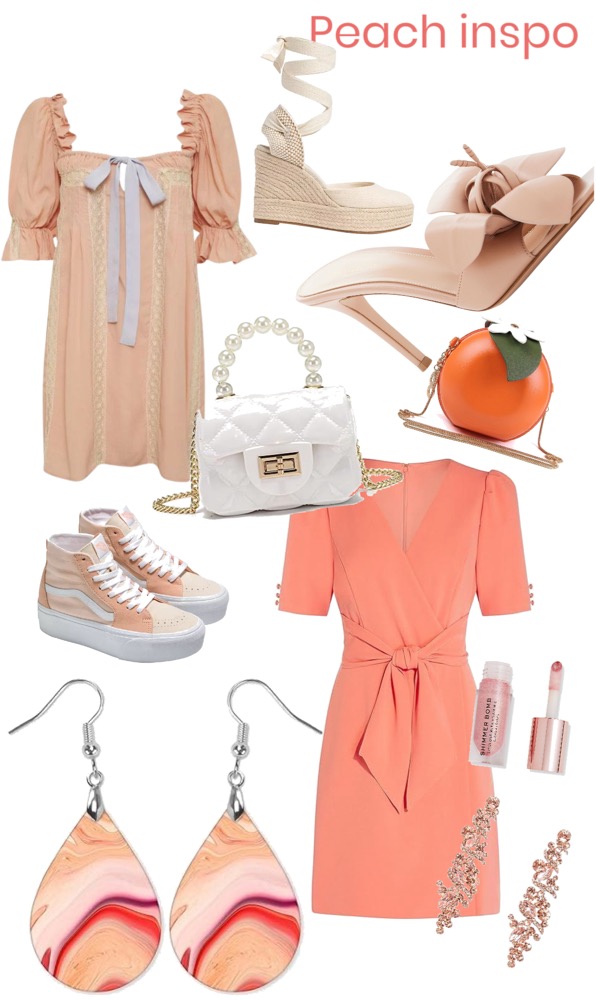 Women's clothing inspiration for engagement photoshoot featuring peach-colored dresses, shoes, accessories, and jewelry.