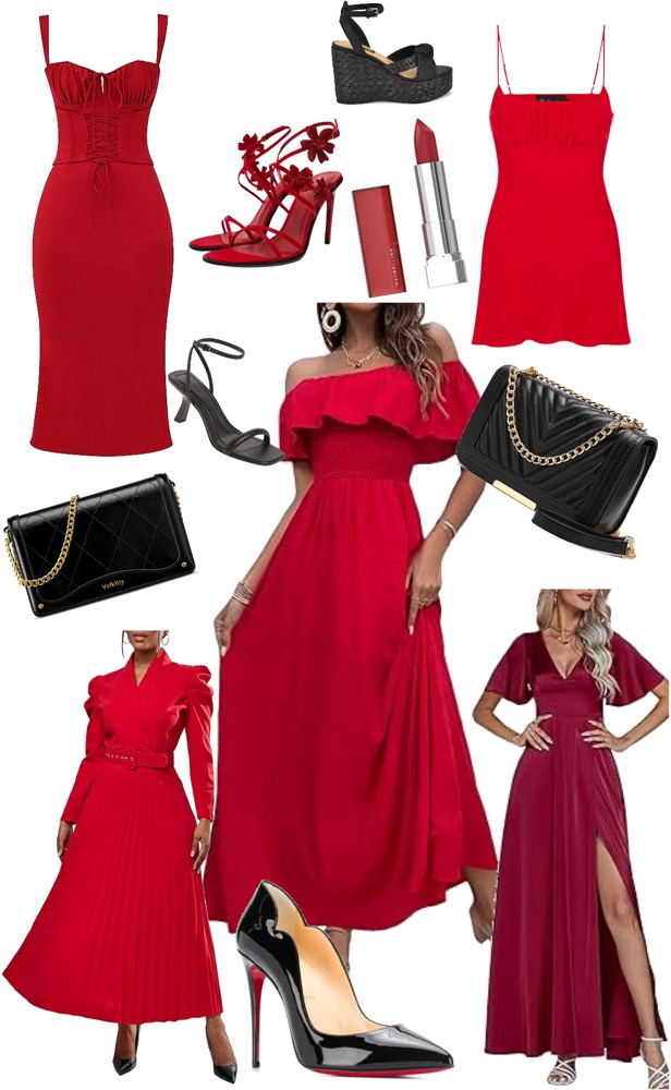 Women's clothing inspiration for engagement photoshoot featuring various styles of red dresses, black and red heels, black handbags, and red lipstick.