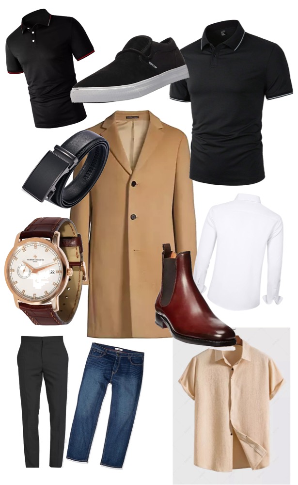 Men's clothing inspiration for engagement photoshoot including a tan overcoat, black polos, white shirt, black belt, wristwatch, black sneakers, brown Chelsea boots, black trousers, blue jeans, and a beige short-sleeve shirt.